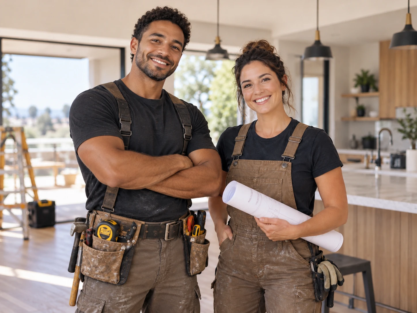 Two smiling tradespeople in work overalls and tool belts, one holding rolled-up plans, in a bright home under renovation
